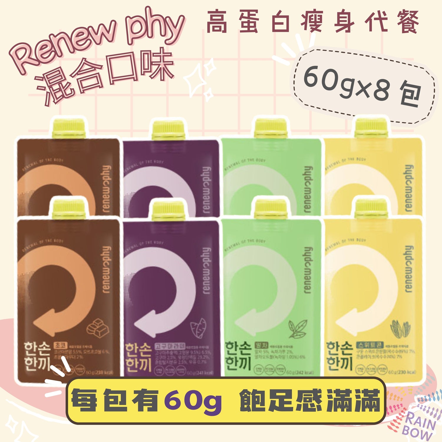 Renewphy -韓國人氣爆紅-高蛋白瘦身代餐[雜錦口味] 60g x 8包 (朱古力x2,抹茶x2,粟米x2,番薯拿鐵x2) (香港行貨) EXP:2026年6月5日